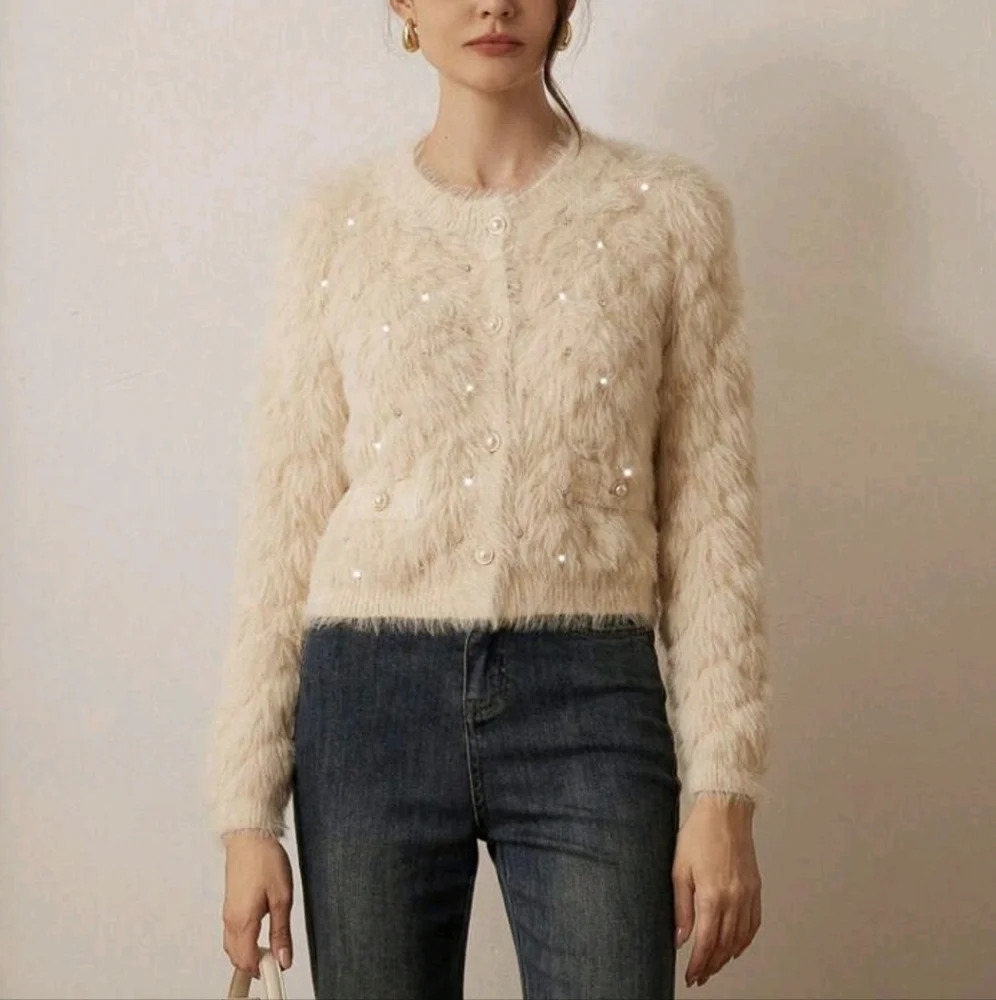 V-Neck Studded Diamond Pattern Faux Mink Elegant Cardigan Sweater For Women - Picture 3 of 5